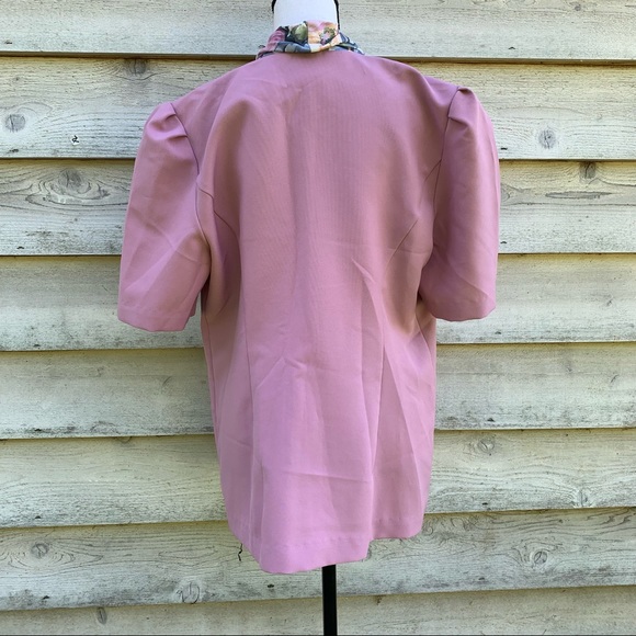 True Vintage 60s Mauve Floral Collared Short Puff Sleeve Button Down Suit Blouse - Picture 15 of 16